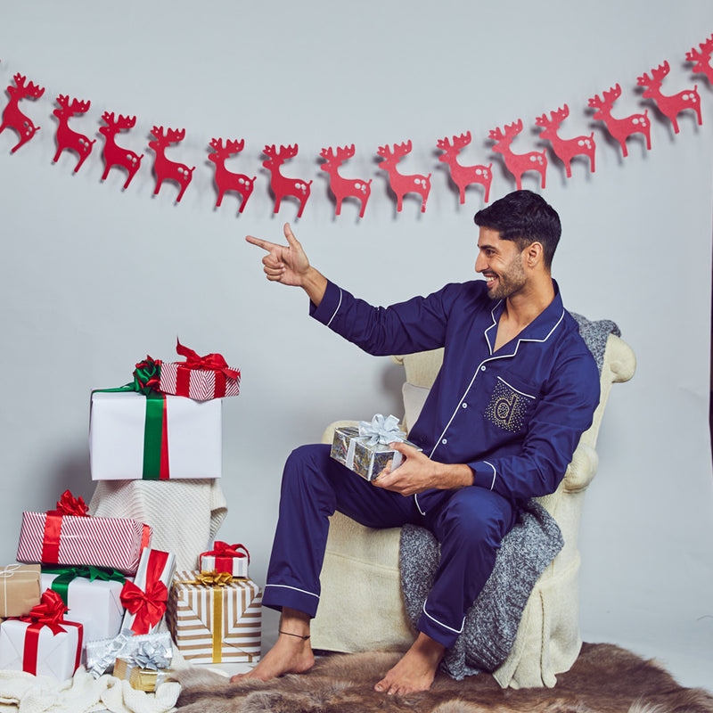Midnight Sprinkle Embroidered Cotton Notched Pyjama Set Men's
