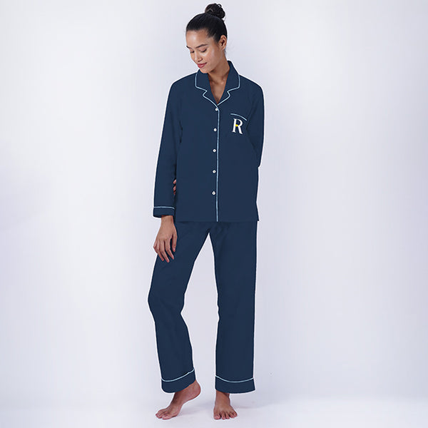 Embroidered Notched Collar Pyjama Set