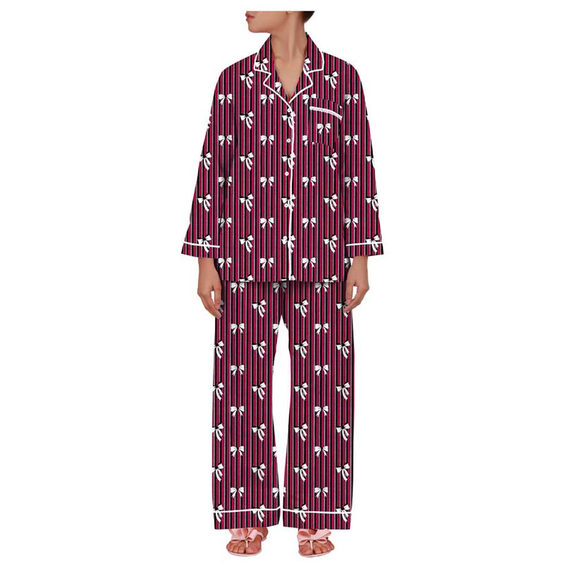 Stripe Bow Cotton Notched Pyjama Set