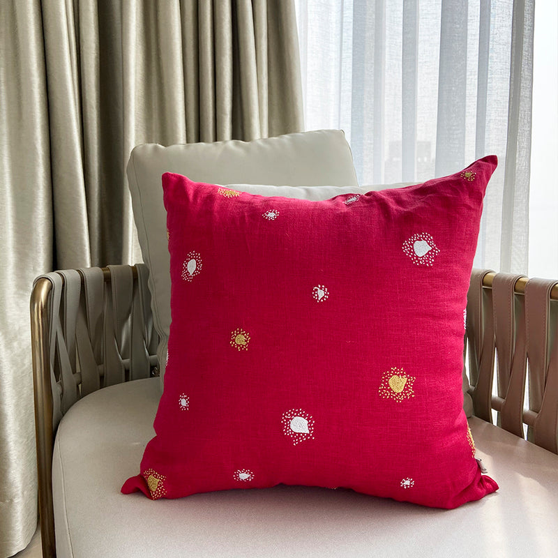 Burst Embroidered Linen Cushion - Fuchsia