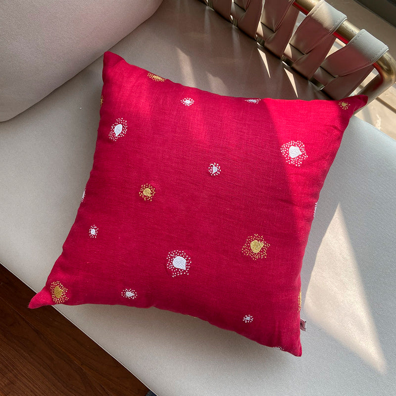 Burst Embroidered Linen Cushion - Fuchsia