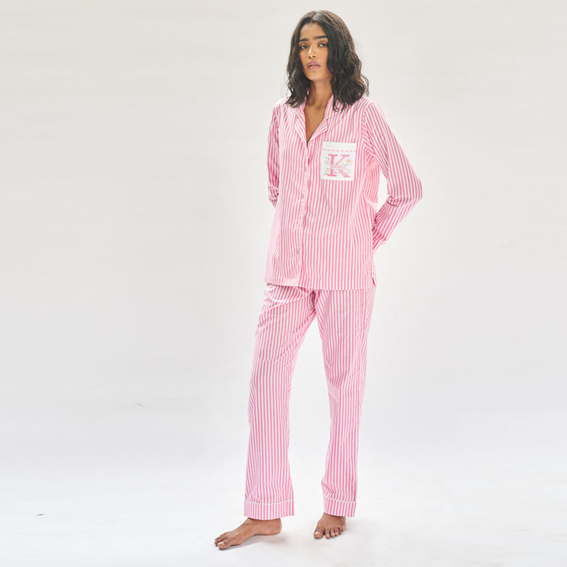 Morganite Embroidered Cotton Notched Collar Pyjama Set