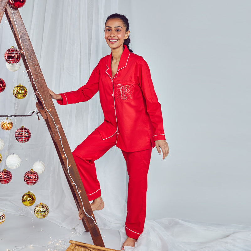Cherry Sprinkle Embroidered Cotton Notched Pyjama Set - Women's