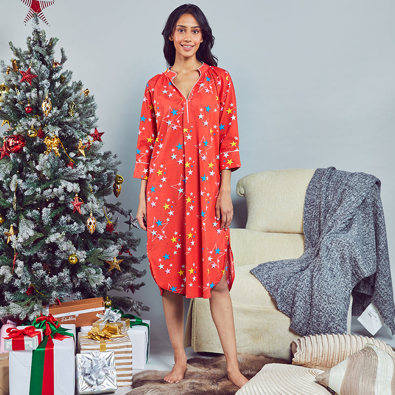 Starburst Cotton Dip-Neck Sleep Dress