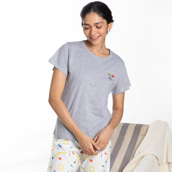 Splotch Embroidered T-shirt & Cotton Pyjama