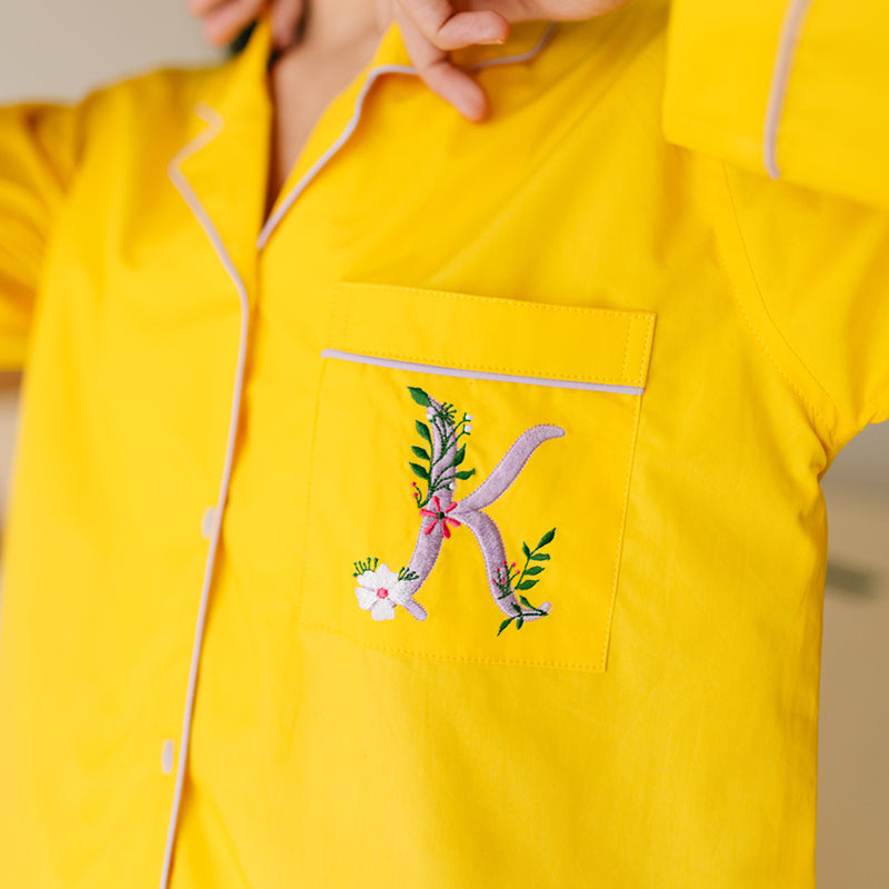 Sunshine Calligraph Embroidered Women Cotton Notched Pyjama Set