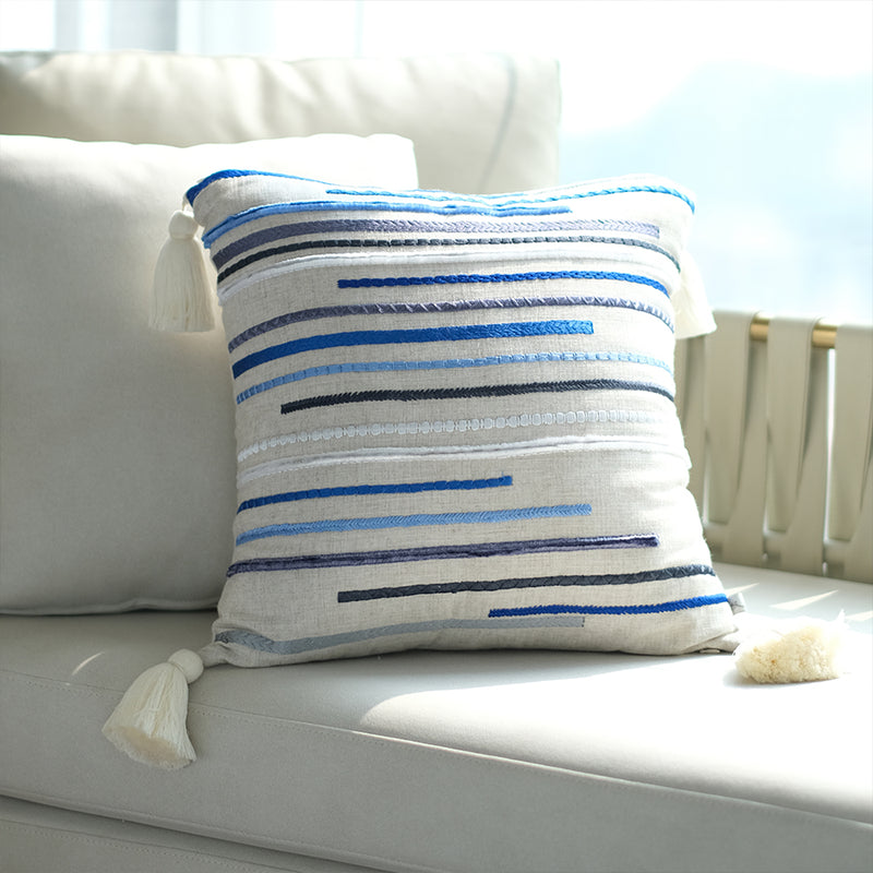 Embroidered Chenille Stitch Lines Linen Cushion  - Sea Shade