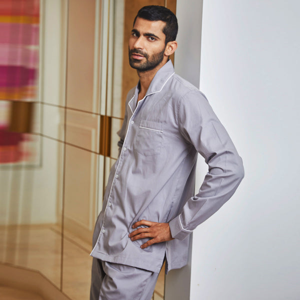 Grey Cotton Notched Pyjama Set