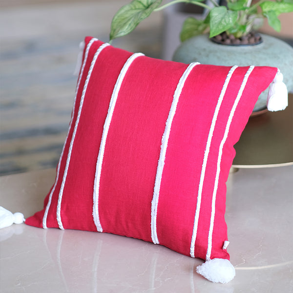 Embroidered Faraway Lines Linen Cushion - Fuchsia