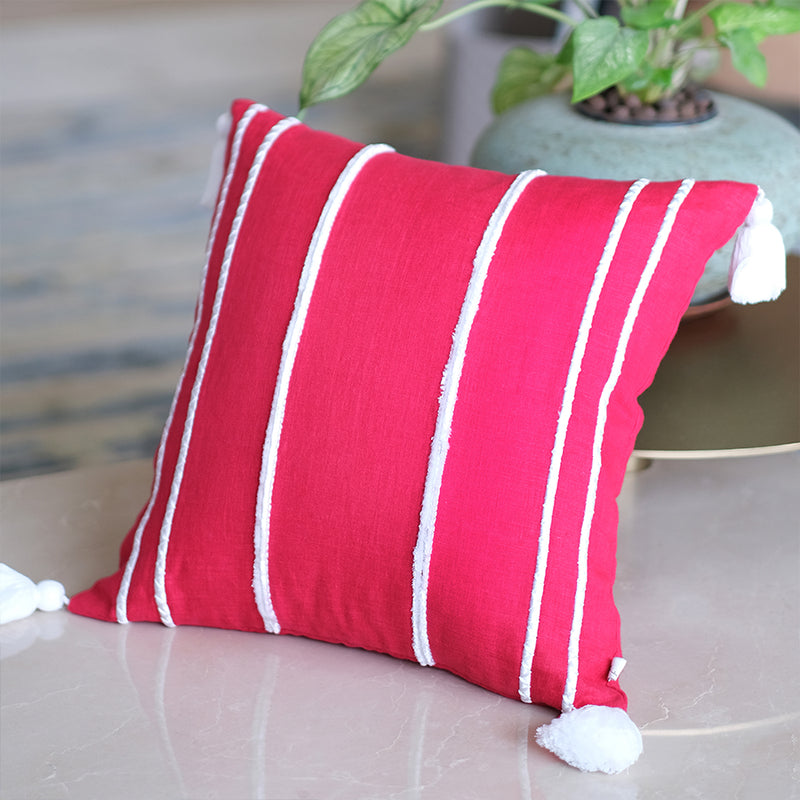 Embroidered Faraway Lines Linen Cushion - Fuchsia