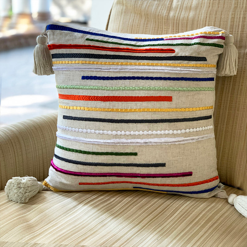 Embroidered Chenille Stitch Lines Linen Cushion  - Kaleidoscope