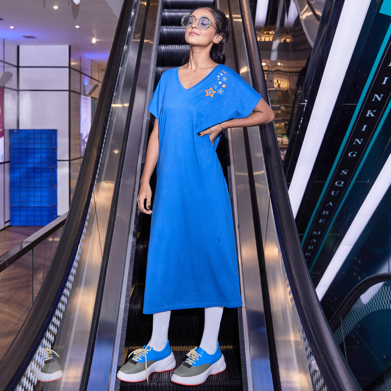 Dandelion - Cotton Knit - Blue - Full Length- Nighty Sleep Dress