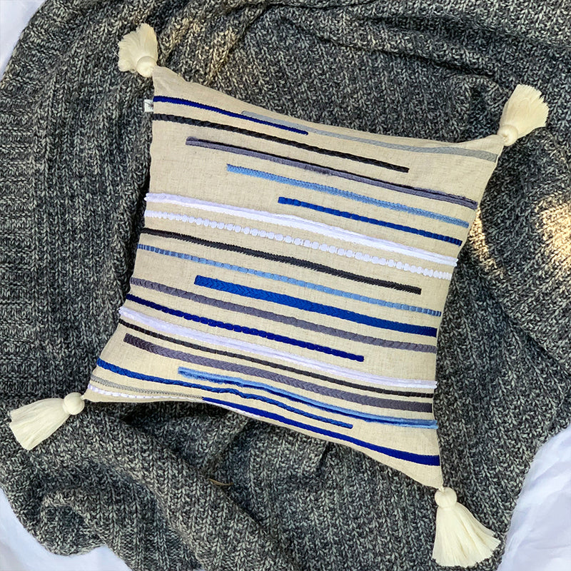 Embroidered Chenille Stitch Lines Linen Cushion  - Sea Shade