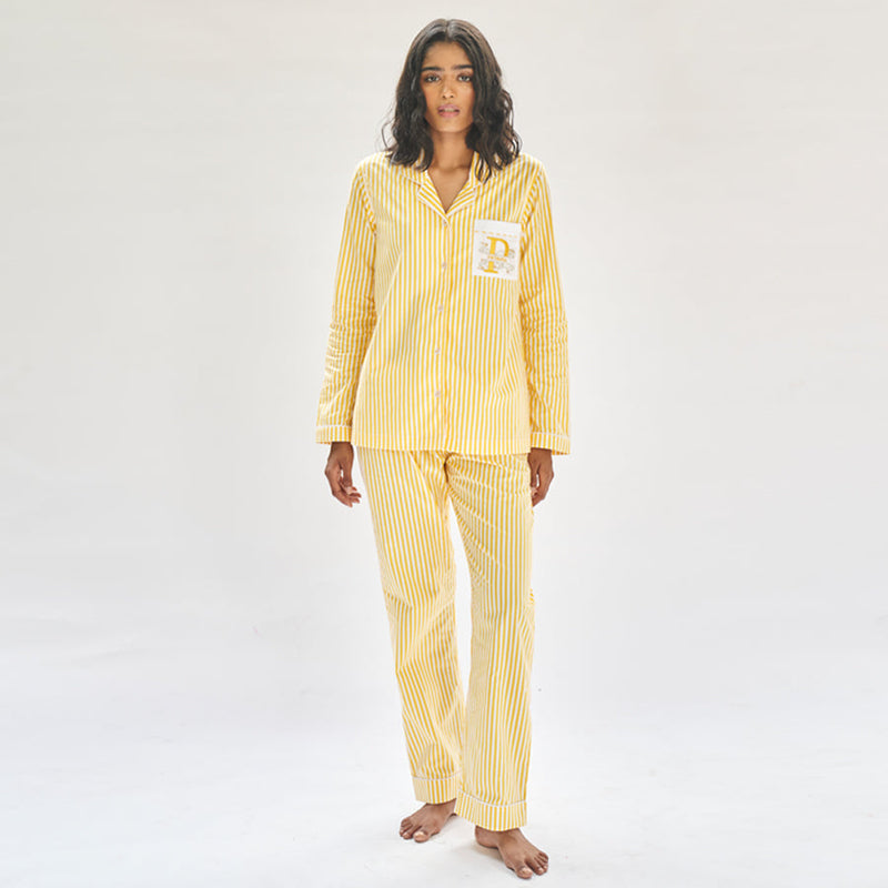 Sunray Embroidered Cotton Notched Collar Pyjama Set