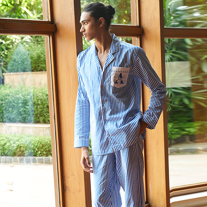 Floaty Sky Cotton Embroidered Notched Pyjama Set