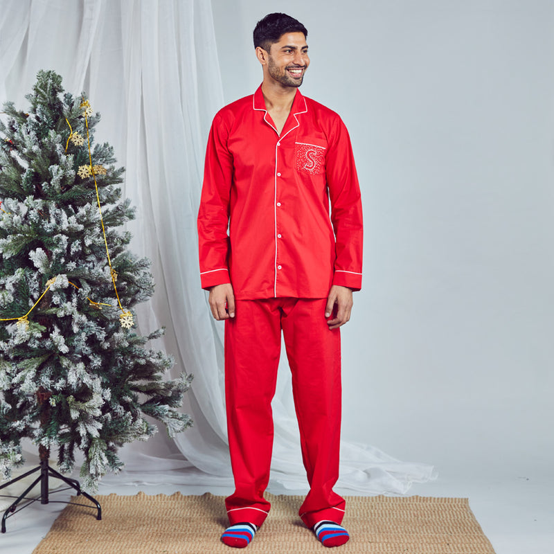 Cherry Sprinkle Embroidered Cotton Notched Pyjama Set - Men's